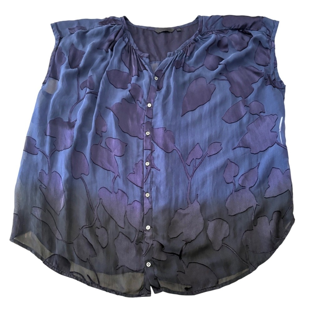 Pas de Calais Women's Blue Ombre Floral Devoré Blouse Silk Blend Cap Sleeve M